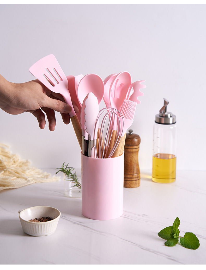 Title 3, 12-piece Silicone Kitchenware With Wooden Handle