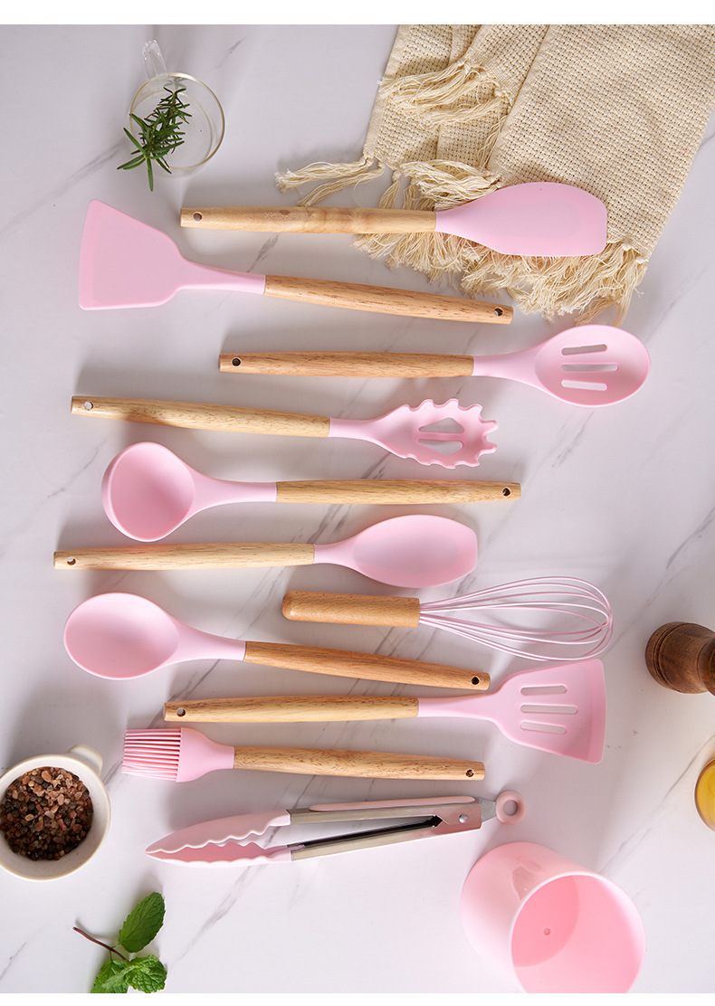 Title 7, 12-piece Silicone Kitchenware With Wooden Handle