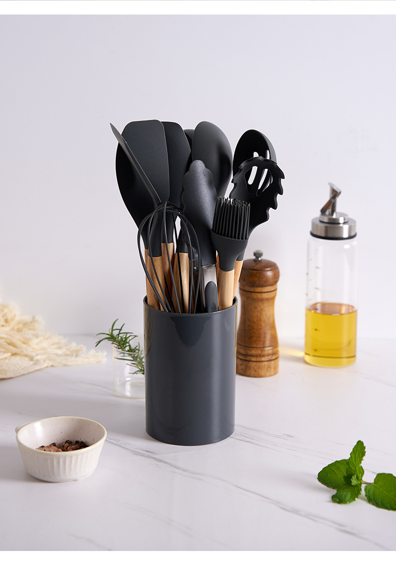 Title 10, 12-piece Silicone Kitchenware With Wooden Handle