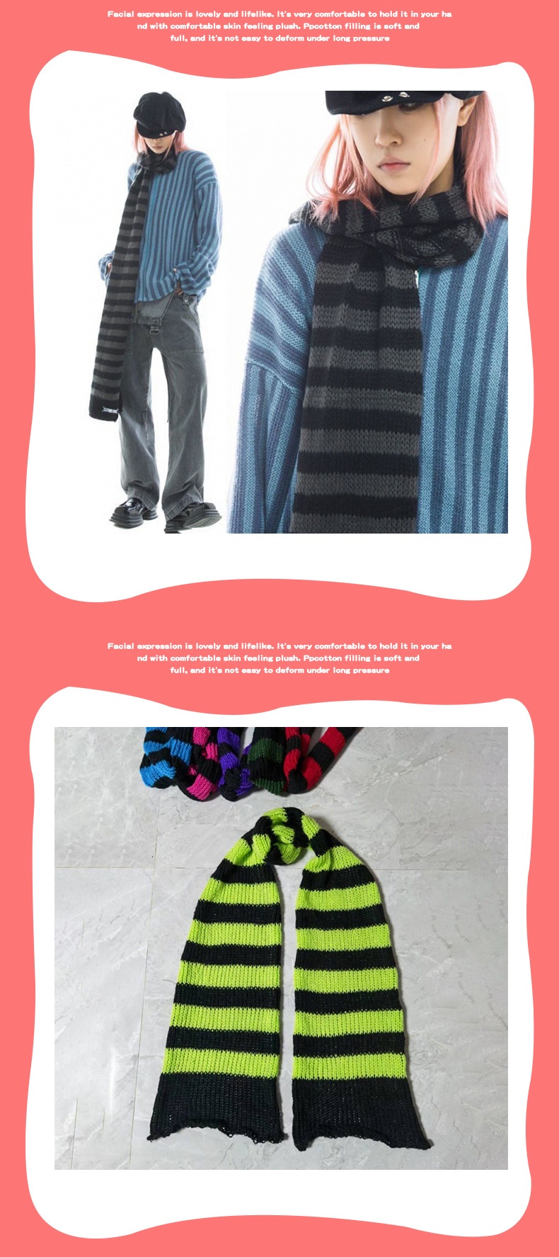 Black Red Black Gray Striped Scarf Punk All-match Soft And Comfortable Drape Knit Wool