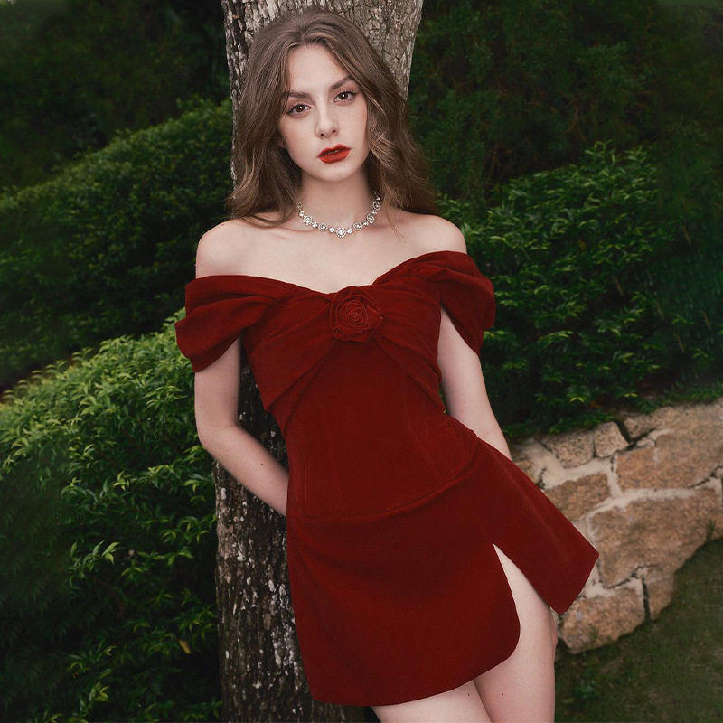 European And American Spring New Adult Lady Like Woman Off-shoulder Tube Top Flower Slim Fit Slit Dress Women