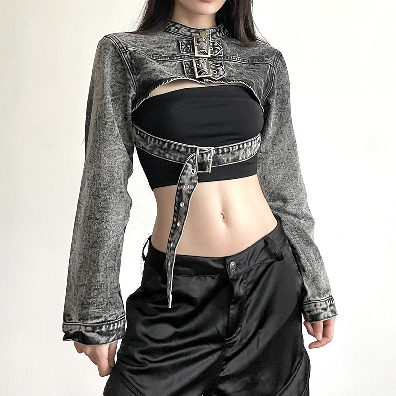 Street Vintage Washed Japanese Buckle Ribbon Denim Blouse Handsome Hot Girl Slim Fit Belt Short Coat