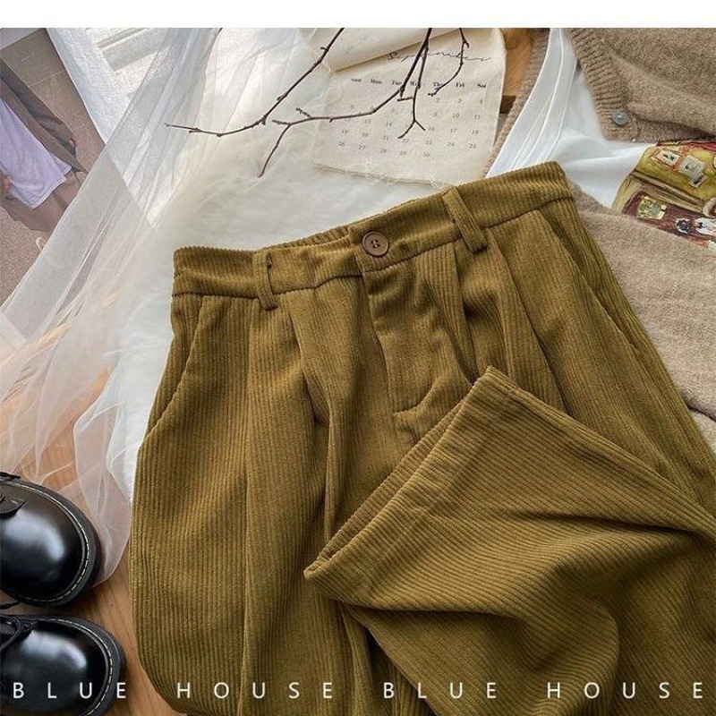 Women's Loose Slimming Straight Casual Long Pants Wide-leg Corduroy Fleece-lined