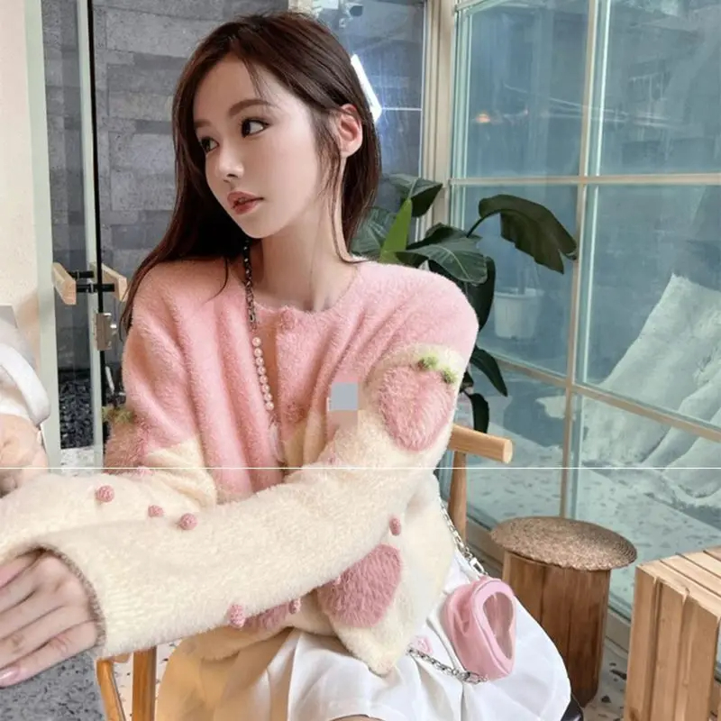 Mink-like Wool Knitted Cardigan Sweet Bear Embroidered Sweater Winter Coat