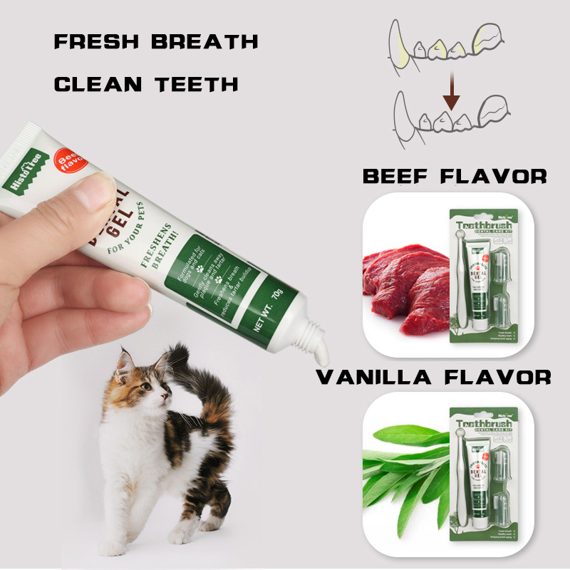 Pet Oral Hygiene Kit with Brushes, Toothpaste, and Flavors including a dual-sided toothbrush, long handle design, soft bristles, fingerbrush, and poultry-flavored toothpaste.