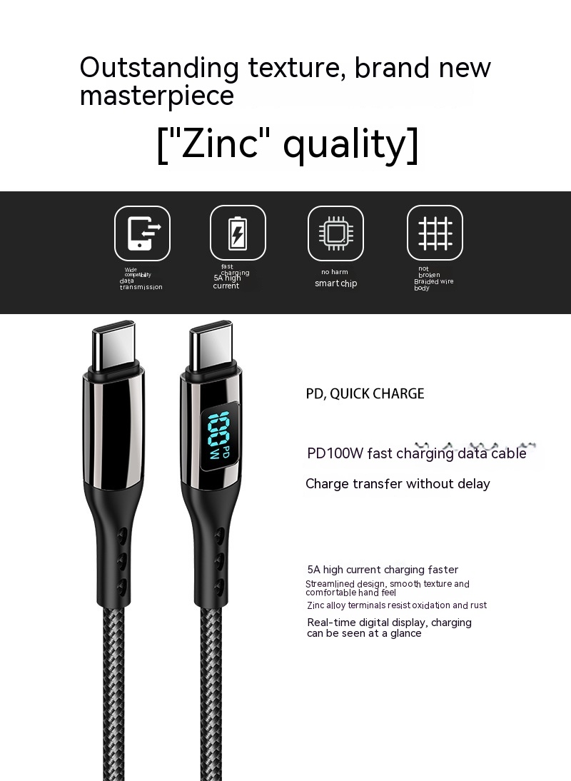 Double-headed TYPE-C Interface 5A Fast Charge PD Woven CtoC Digital Display Zinc Alloy Data Cable