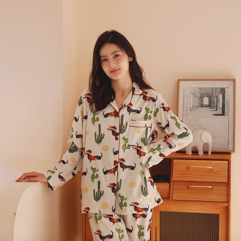 Title 3, Cotton Brushed Pajamas Suit Printed Casual Loos...