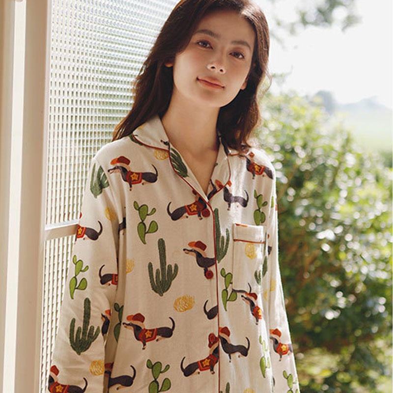 Title 5, Cotton Brushed Pajamas Suit Printed Casual Loos...