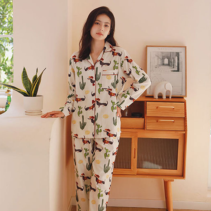 Title 7, Cotton Brushed Pajamas Suit Printed Casual Loos...