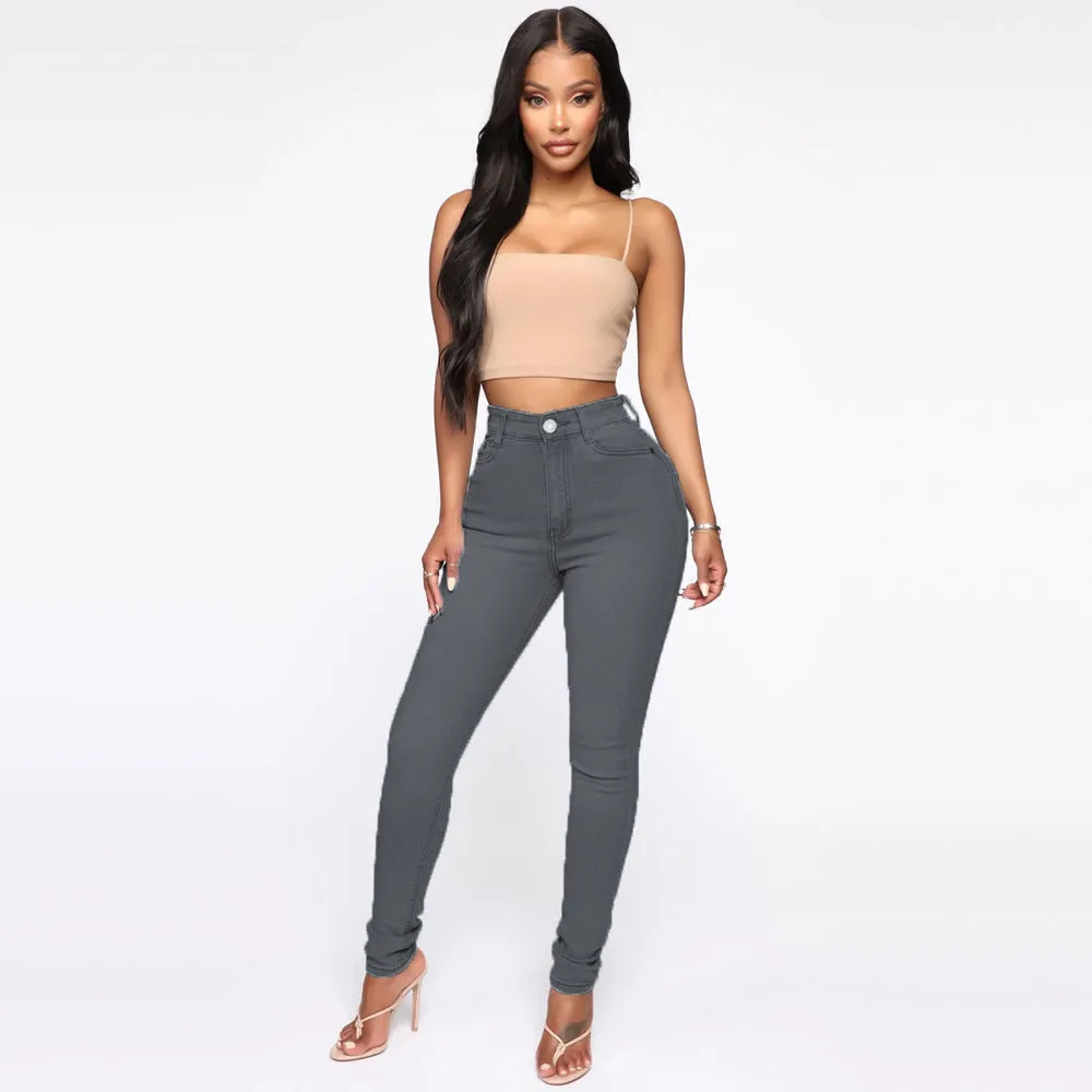Slimming Jeans Pants For Women High Waist Trousers With Pockets - Gray