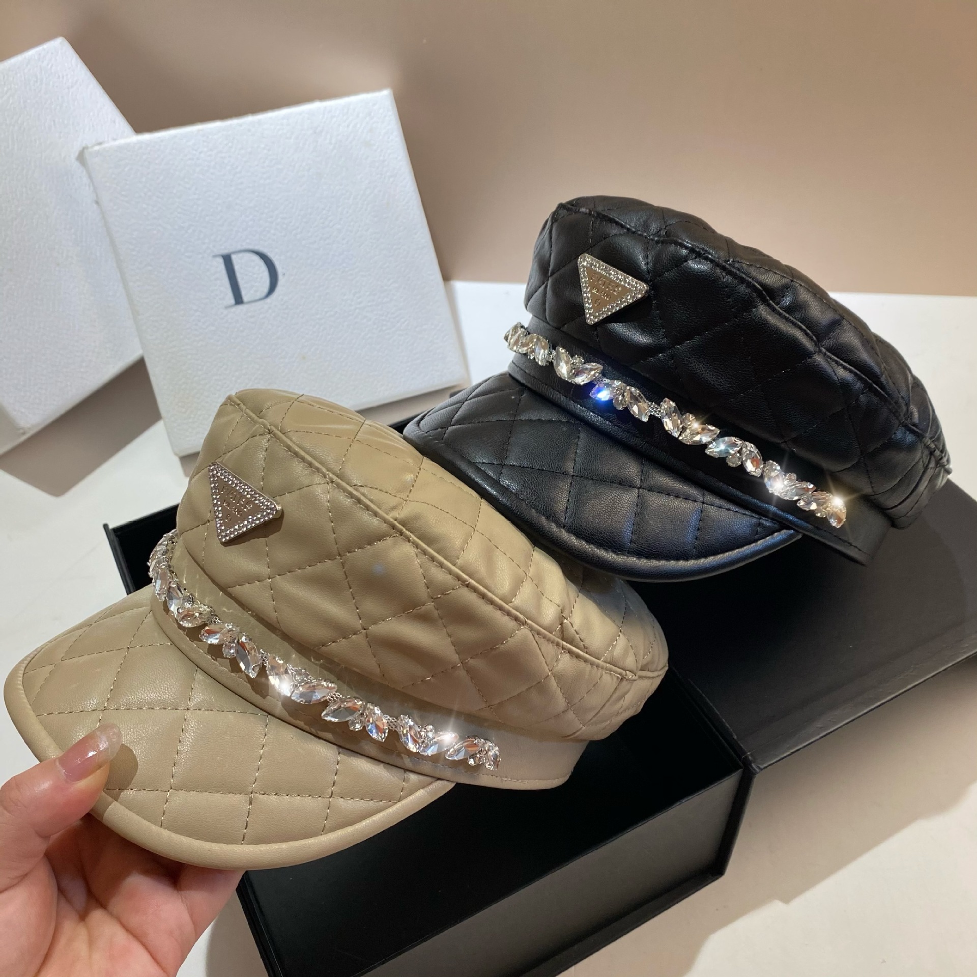 Diamond Plaid PU Navy Hat European And American