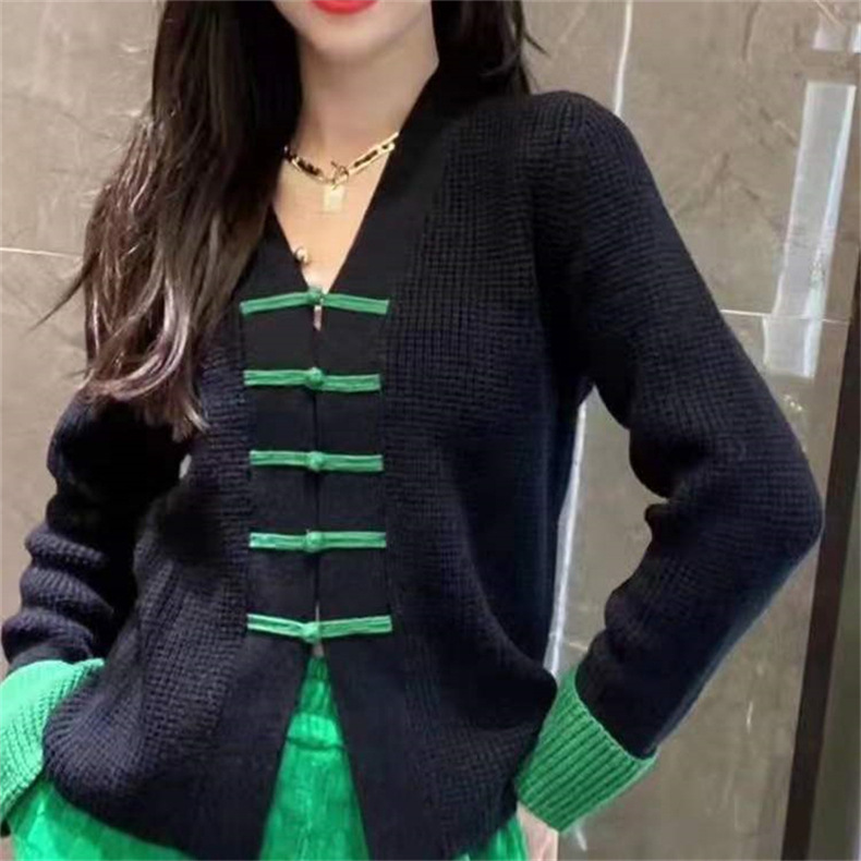 Red Sweater Chinese Style Fashion Buckle V-neck Knitted Cardigan Coat