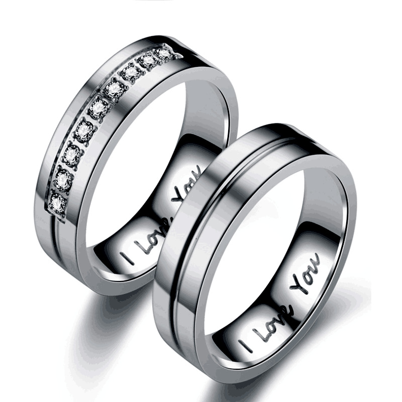 Titanium Steel Couple Ring I LOVE YOU Engagement Diamond-studded Ornament