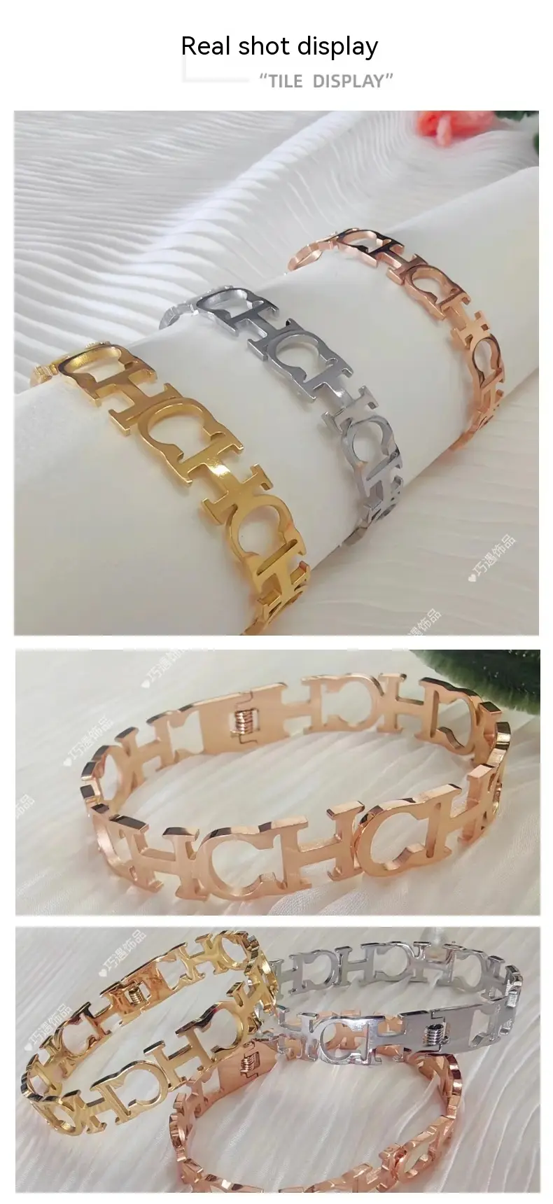 Niche Non-fading Egg-shaped Hollow Spring Fastener Stainless Steel Letter Bracelet