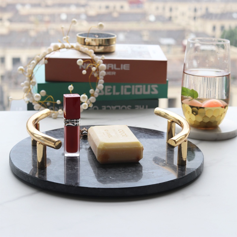 Metal Handle Marble Round Tray Dining Tray