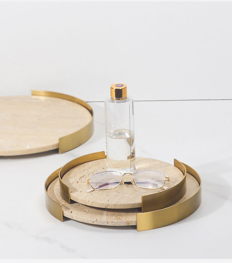 Natural Marble Round Metal Frame Tray Desktop Storage Display Plate