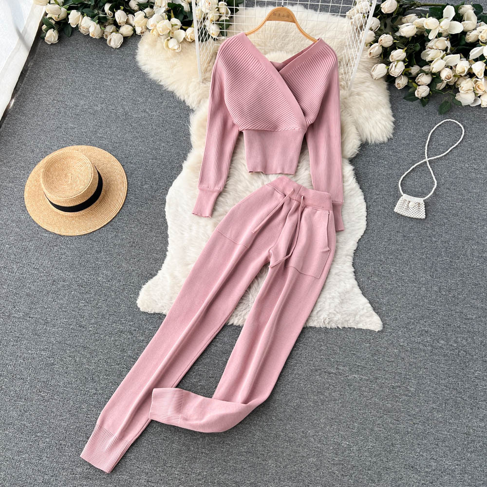 Women's Stylish Temperament Long Sleeves Knitwear Top High Waist Ankle-tied Long Pants Suit