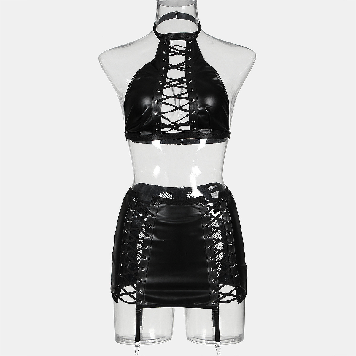 Title 5, Fabric Leather Splicing Mesh Cross Strap Underw...