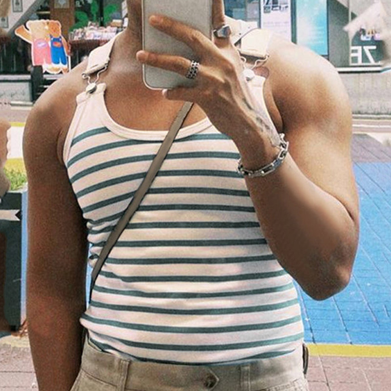 New Striped Men's Stretch Slim Metal Button Camisole