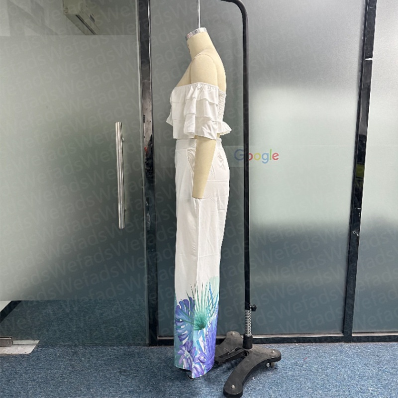 Two-piece Casual Off-shoulder Solid Off-shoulder Ruffled Sleeves High Waist Top Wide Leg Printed Pants Suit Streetwear - Image 16