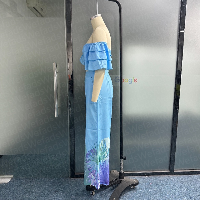 Two-piece Casual Off-shoulder Solid Off-shoulder Ruffled Sleeves High Waist Top Wide Leg Printed Pants Suit Streetwear - Image 19