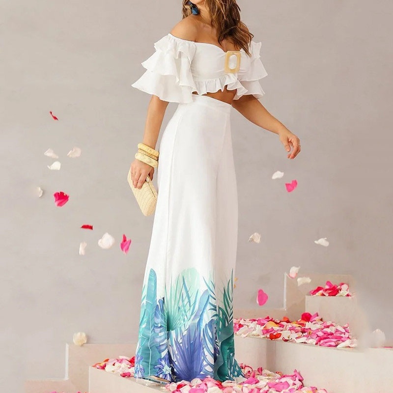 Two-piece Casual Off-shoulder Solid Off-shoulder Ruffled Sleeves High Waist Top Wide Leg Printed Pants Suit Streetwear - Image 6