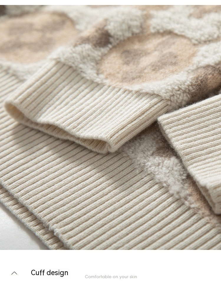 Women's Loose Round Neck Jacquard Double-layer Embroidery Cropped Pullover Sweater Wool