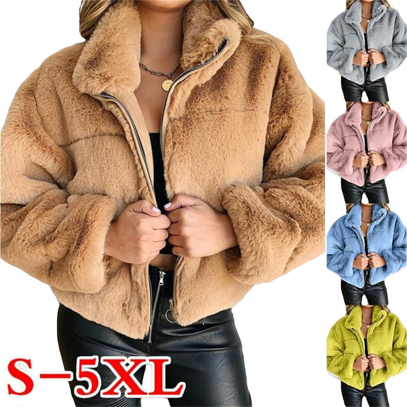 Title 2, Womens plush short coat with stand-up collar z...