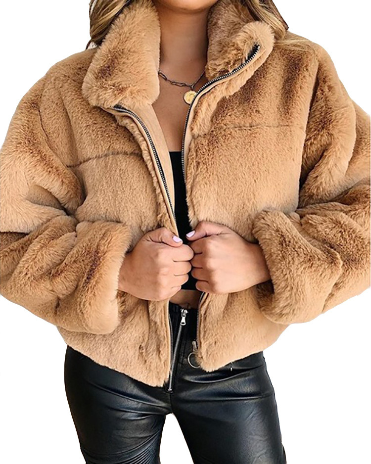 Title 3, Womens plush short coat with stand-up collar z...