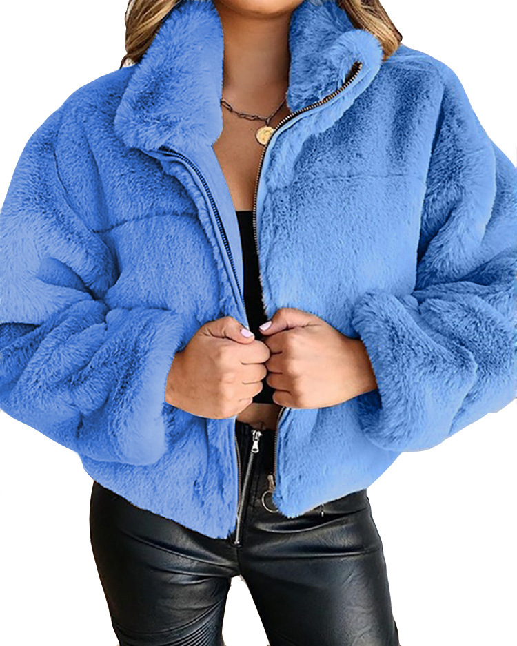 Title 4, Womens plush short coat with stand-up collar z...