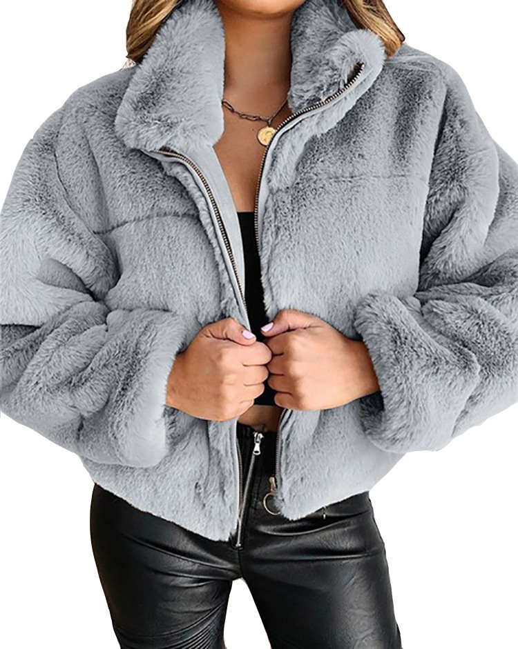 Title 6, Womens plush short coat with stand-up collar z...