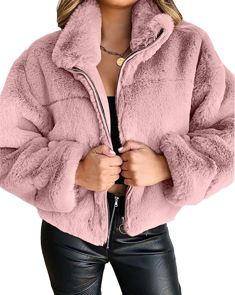 Title 7, Womens plush short coat with stand-up collar z...