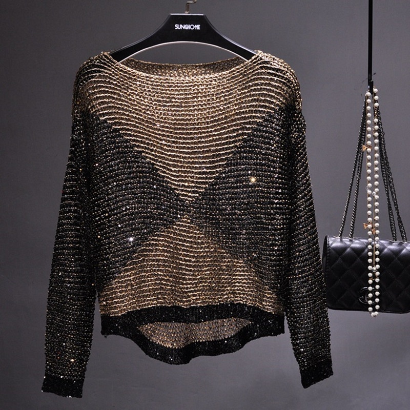 Hollow-out Sequin Loose Sweater Pullover Fil-Lumiere Underwear Blouse Long Sleeve Round