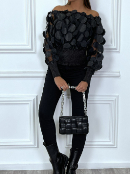 Black Mesh Three-dimensional Flower Off-shoulder Puff Sleeve Top - Image 4
