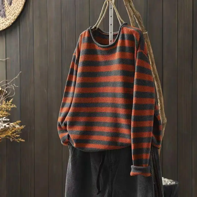 Artistic Plus Size Contrast Color Striped Knitted Sweater