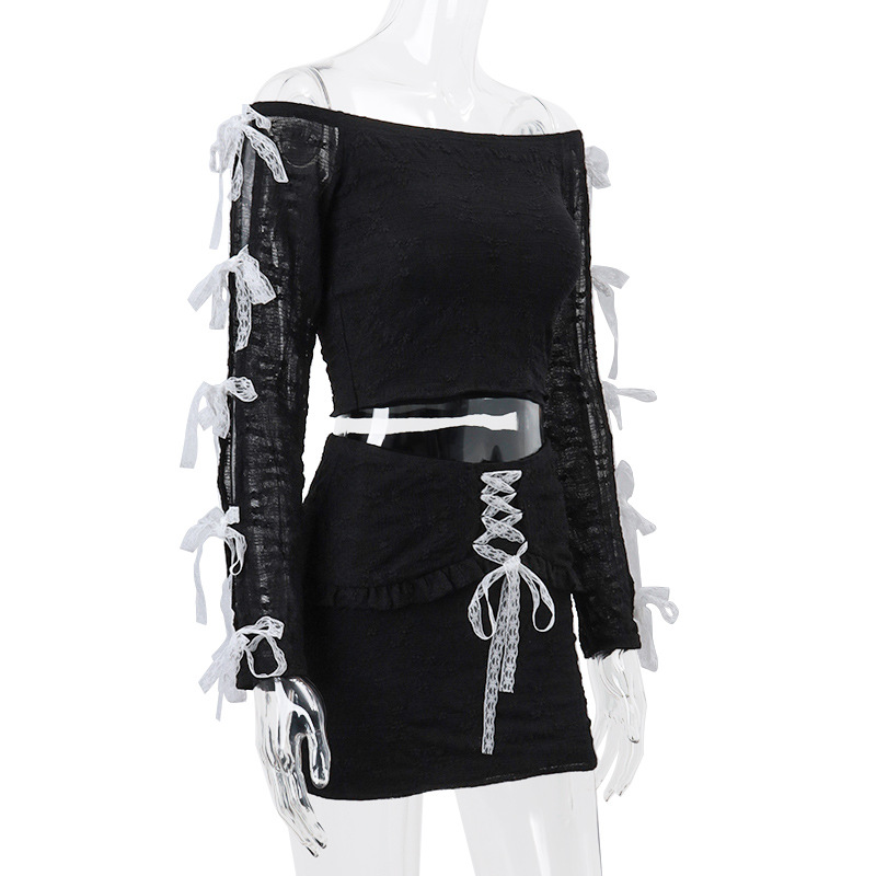 Sexy Pure Desire Hollow Out Long-sleeved T-shirt Hot Girl Skirt Suit