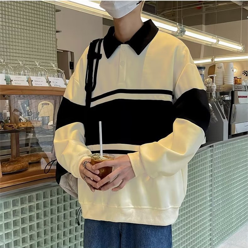 Men's Polp Collar Striped Contrast Color Sweatshirt