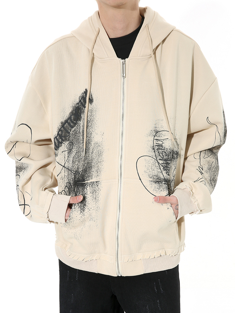 Graffiti Printing Casual Hooded Drawstring Zipper Sweater Jacket