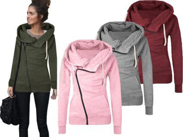 Title 2, Oblique zipper solid color hooded ladies sweater