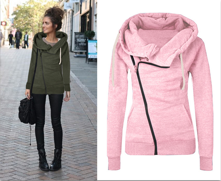 Title 3, Oblique zipper solid color hooded ladies sweater