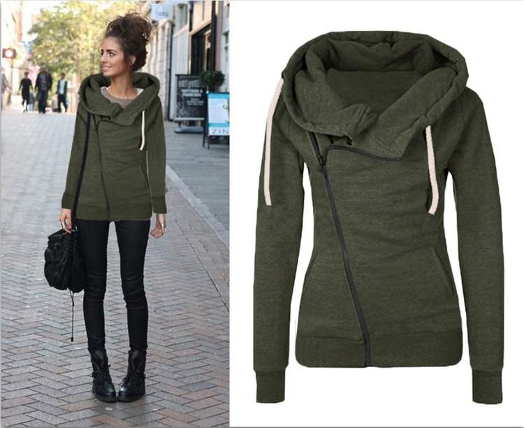 Title 4, Oblique zipper solid color hooded ladies sweater