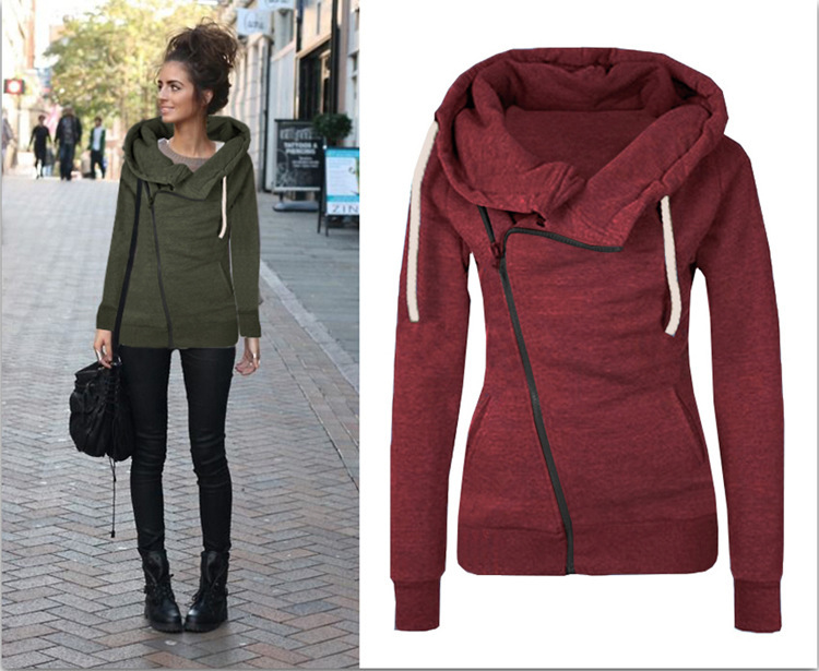 Title 5, Oblique zipper solid color hooded ladies sweater