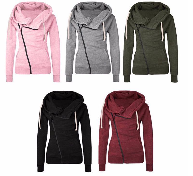 Title 10, Oblique zipper solid color hooded ladies sweater