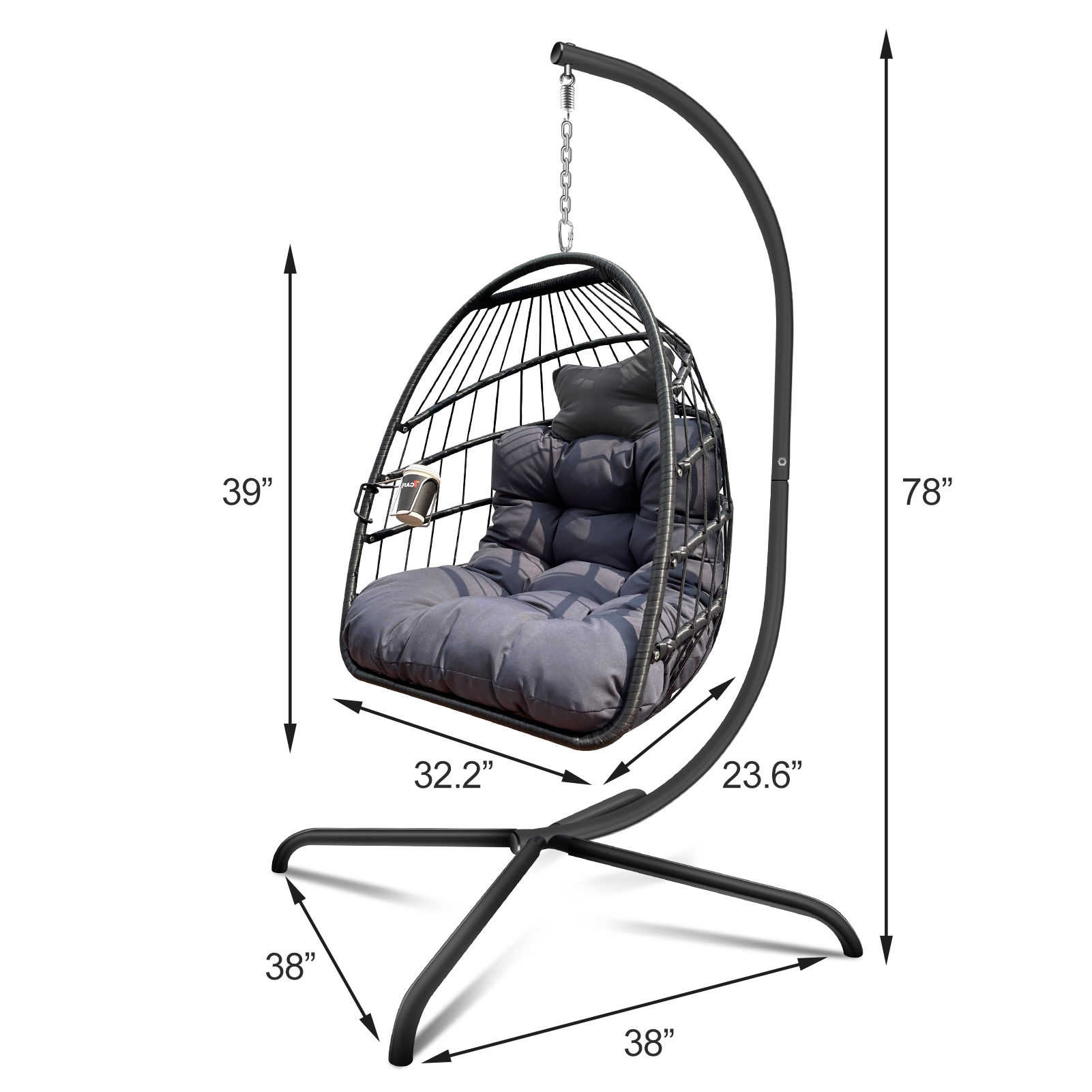 Swing Egg Chair With Stand Indoor Outdoor, UV Resistant Cushion Hanging Chair With Guardrail And Cup Holder, Anti-Rust Foldable Aluminum Frame Hammock Chair, 350lbs Capacity For Porch Backyard