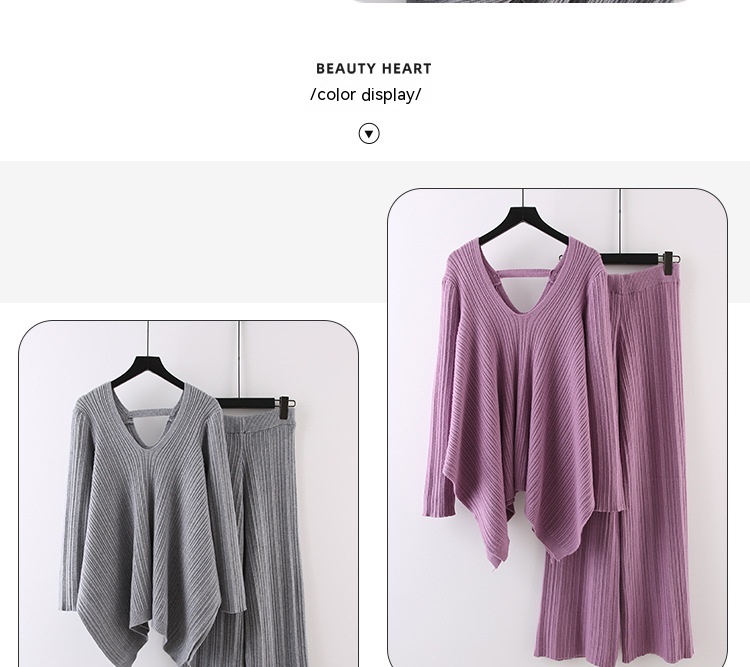 Autumn Fashionable Stylish Pleated Knitted Irregular V-neck Top Wide Leg Pants Sweater Suit