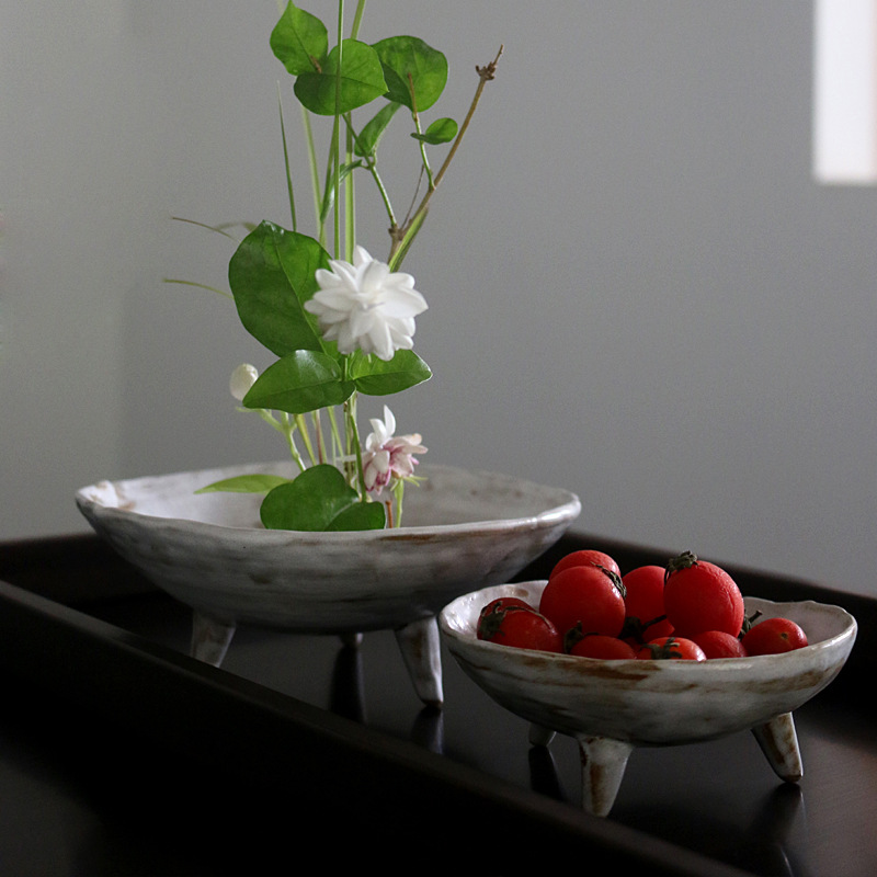 Stoneware Three Legged Food Plate Antique Fruit Plate Zen Dim Sum Dish