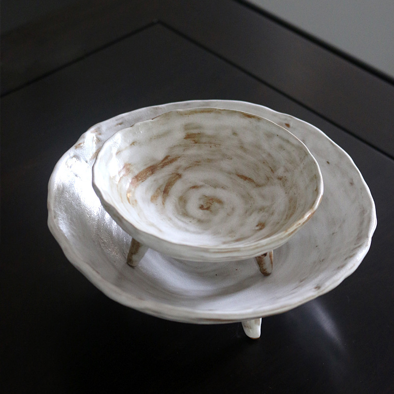 Title 4, Stoneware Three Legged Food Plate Antique Fruit...