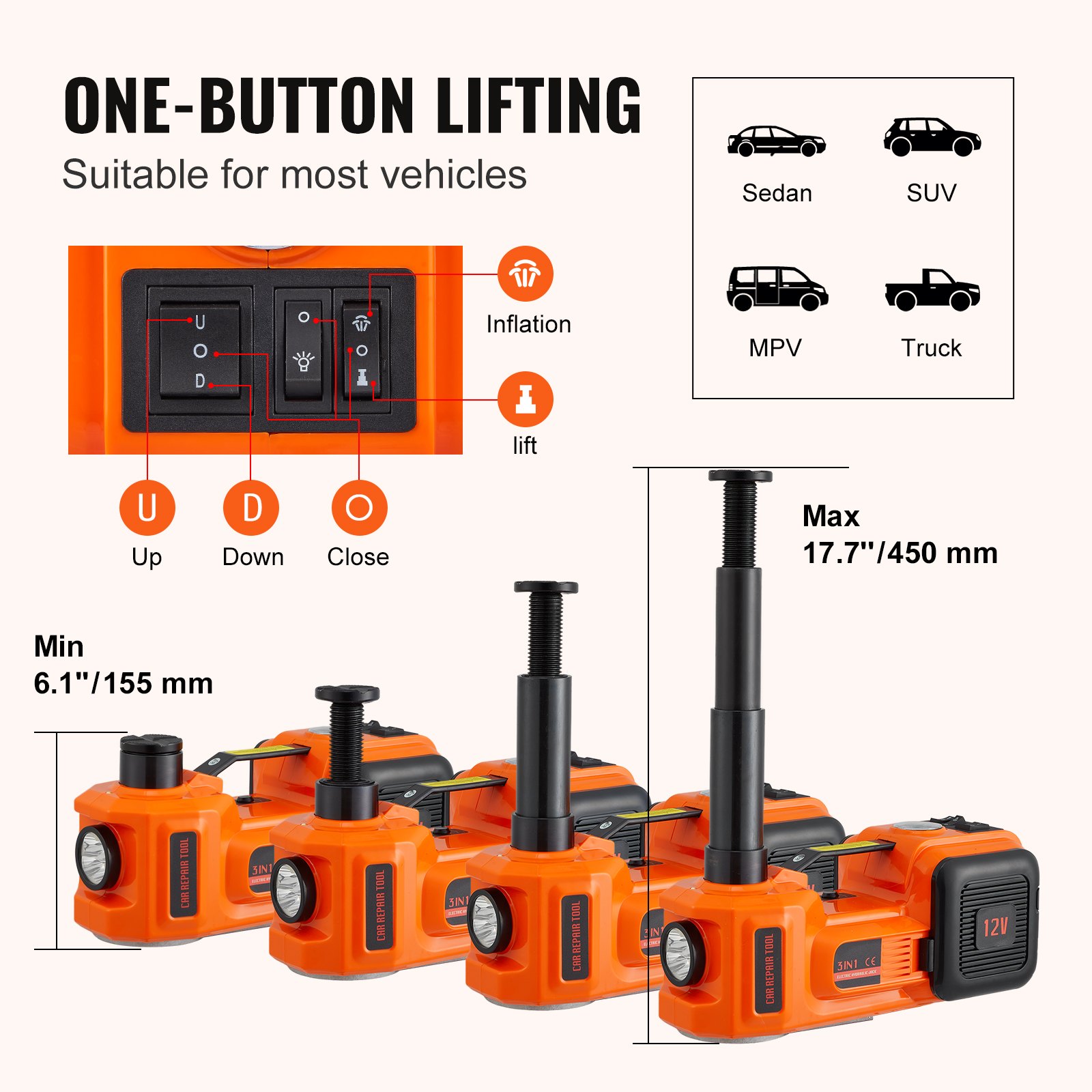 VEVOR Electric Car Jack, 5 Ton 11023 LBS Hydraulic Car Jack, Portable Car Jack Lifting With Built-in Inflatable Pump And LED Light, Car Jack For SUV MPV Sedan Truck Change Tires Garage Repair image 3
