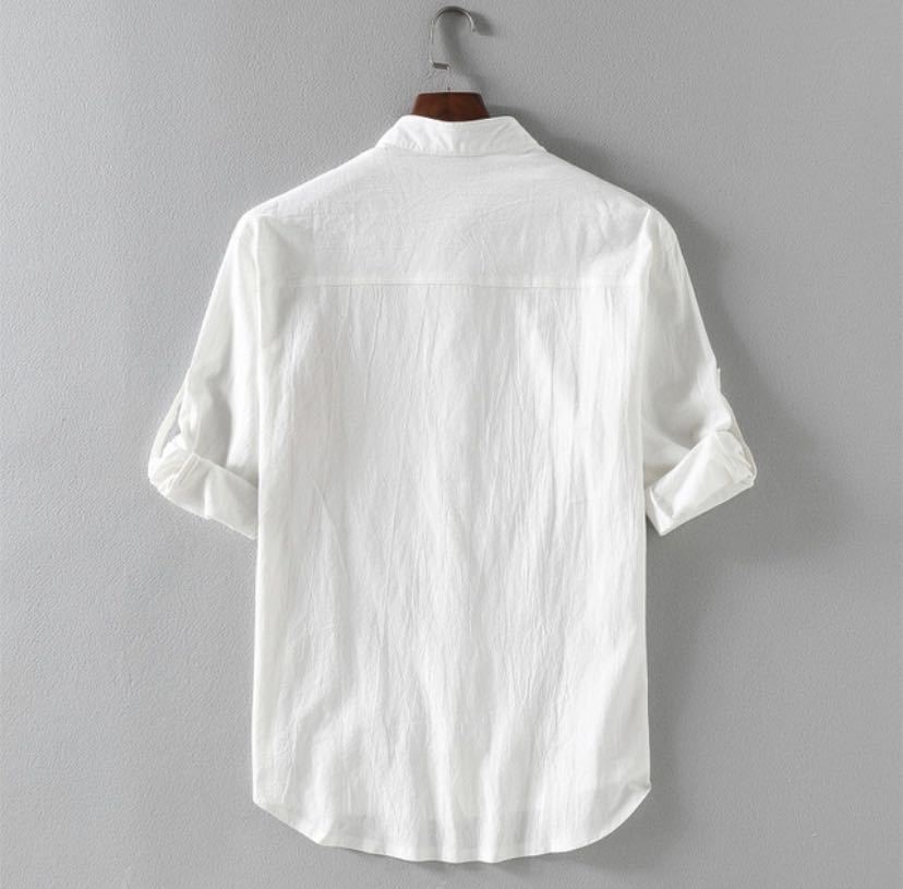 Loose Linen Stand Collar Men's Shirt. Product information: Pattern: solid color, Color: white, black, green, Size: M,L,XL,XXL,XXXL, Style: Cardigan, Fabric name: Cotton, Style: Korean style, Craft: embossing. Note: 1. Asian sizes are 1 to 2 sizes smaller 