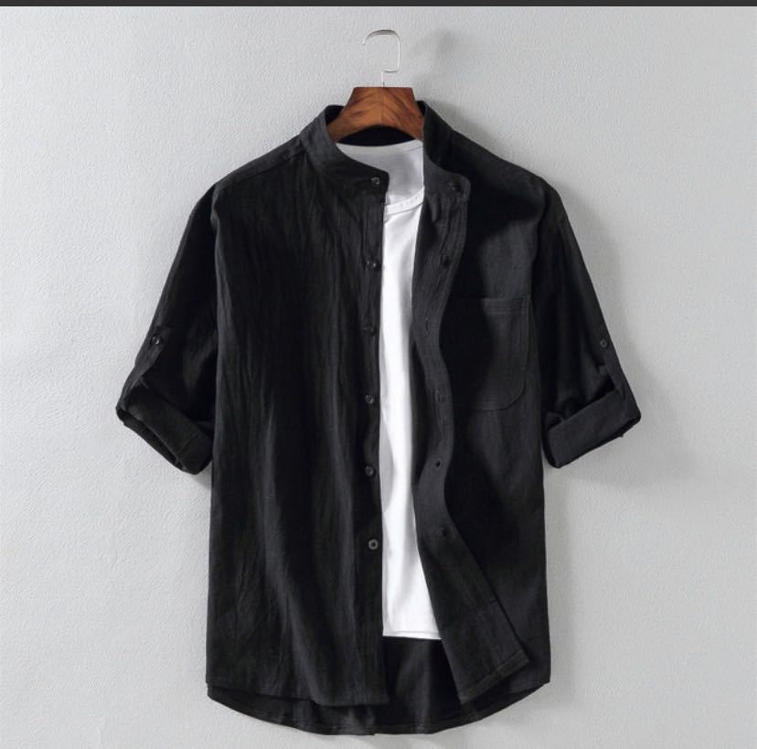 Loose Linen Stand Collar Men's Shirt. Product information: Pattern: solid color, Color: white, black, green, Size: M,L,XL,XXL,XXXL, Style: Cardigan, Fabric name: Cotton, Style: Korean style, Craft: embossing. Note: 1. Asian sizes are 1 to 2 sizes smaller 